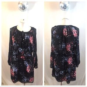 WHBM Long Sleeve Floral Print Sheer Dress Tassel